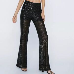 Nasty Gal Sequin Flare Pants | Black Sparkle | High Rise | Statement Fit